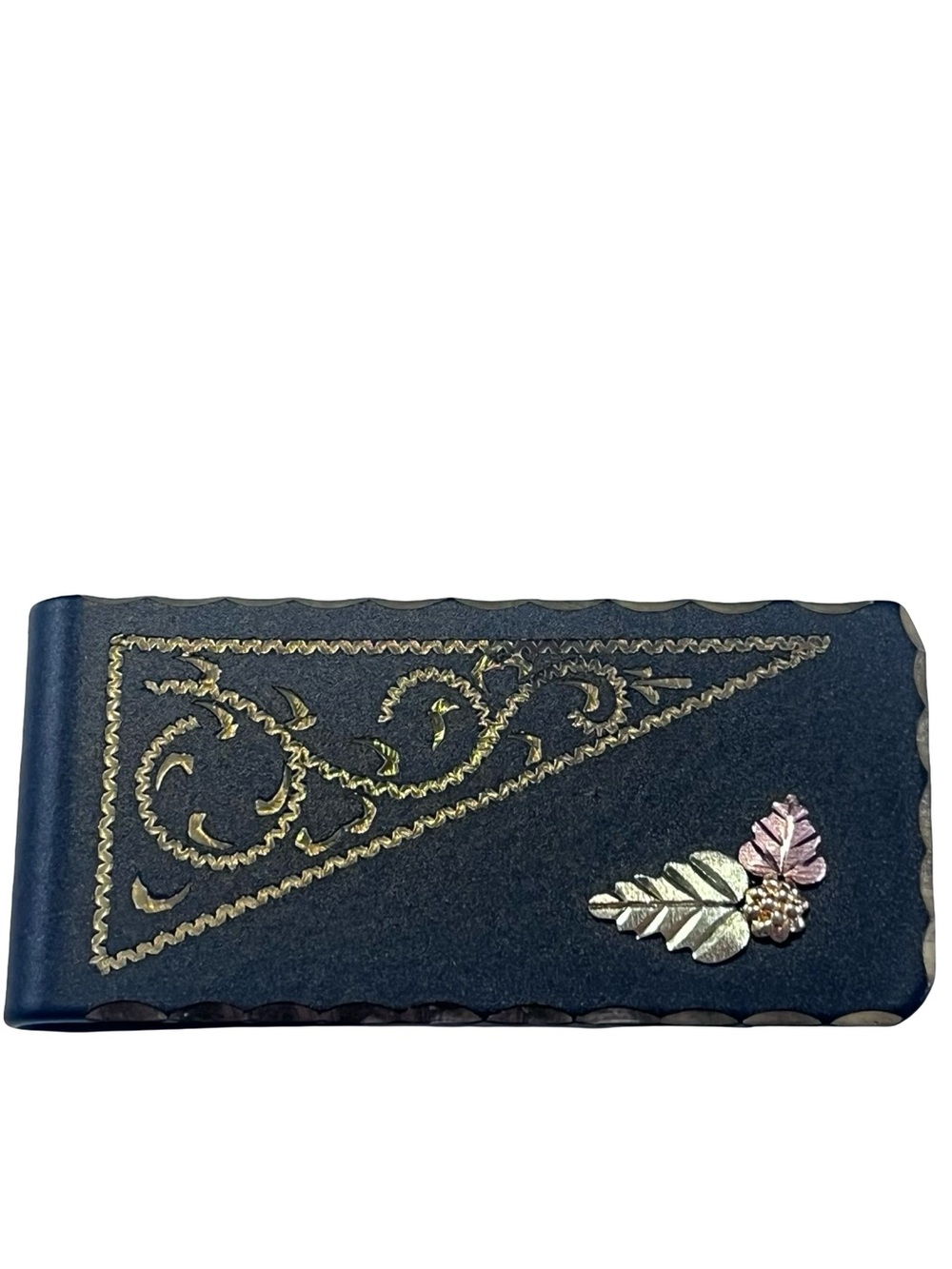 Vtg Landstroms Black Hills Gold Black Steel Money Clip Solid 12K Gold Leaves 19g